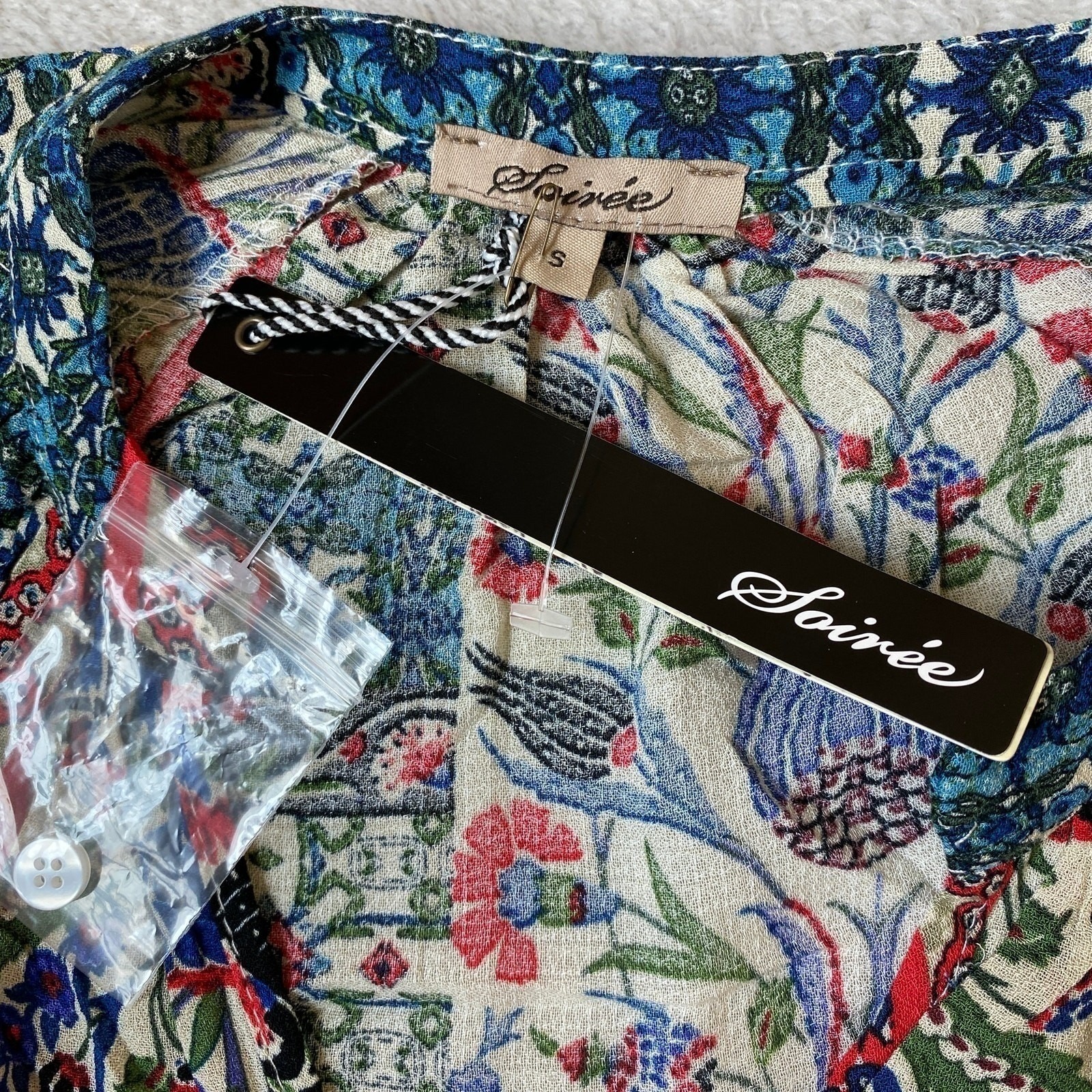 Soiree Boho Patchwork Blouse Women Size S Multicolor Puff Sleeve Cottagecore Nwt — image 5 of 8